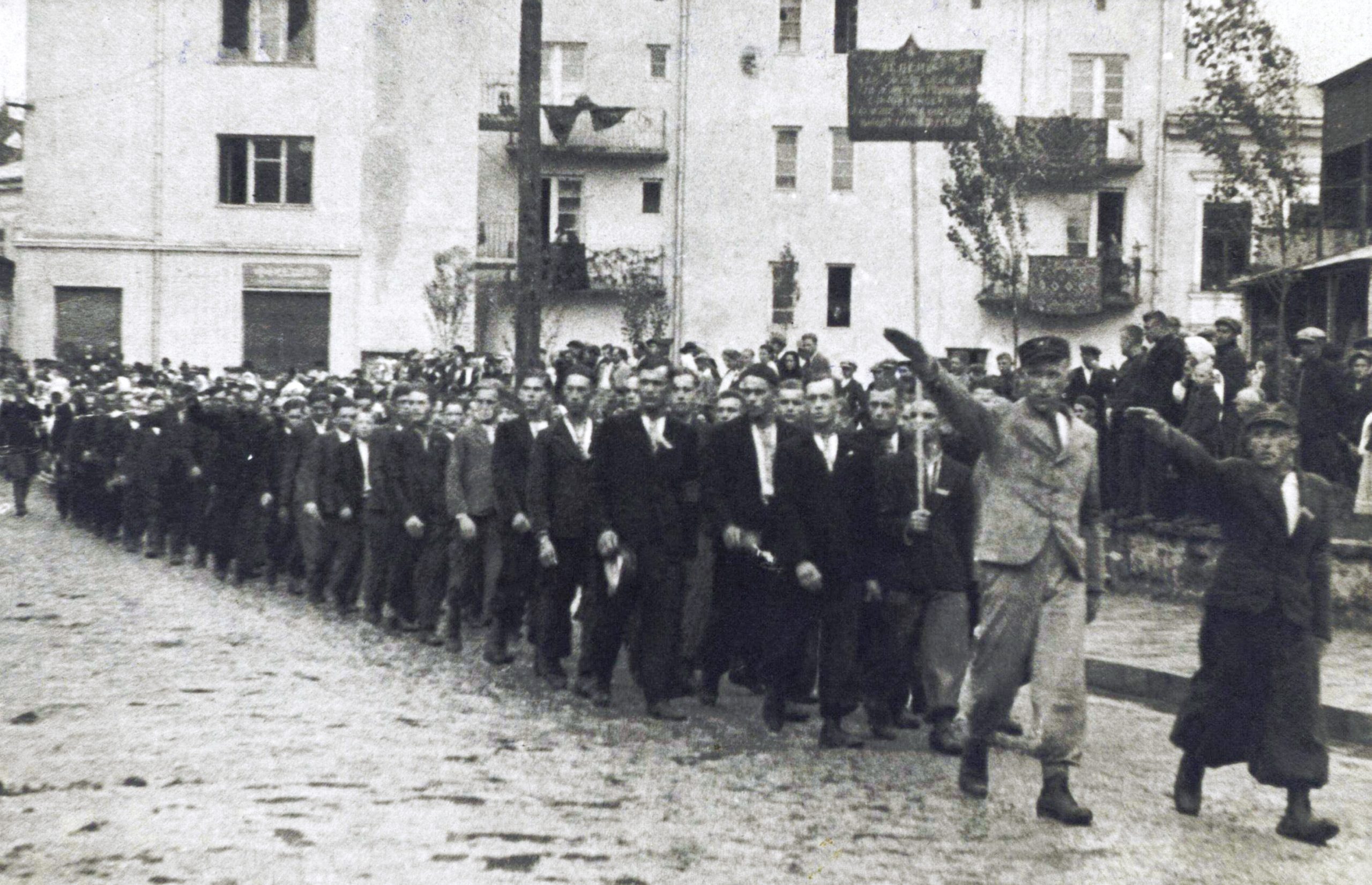 Volunteers for Waffen-SS Division “Galicia” march in Buczacz in 1943. Most, who wanted an independent Ukraine, would end up fighting the Soviets on the eastern front.